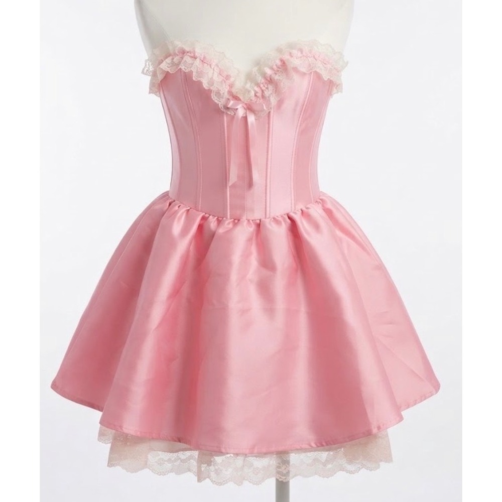 Dolls Kill Pink Satin Corset Ruffle Mini Dress Bustier Lace Trim S Coquette